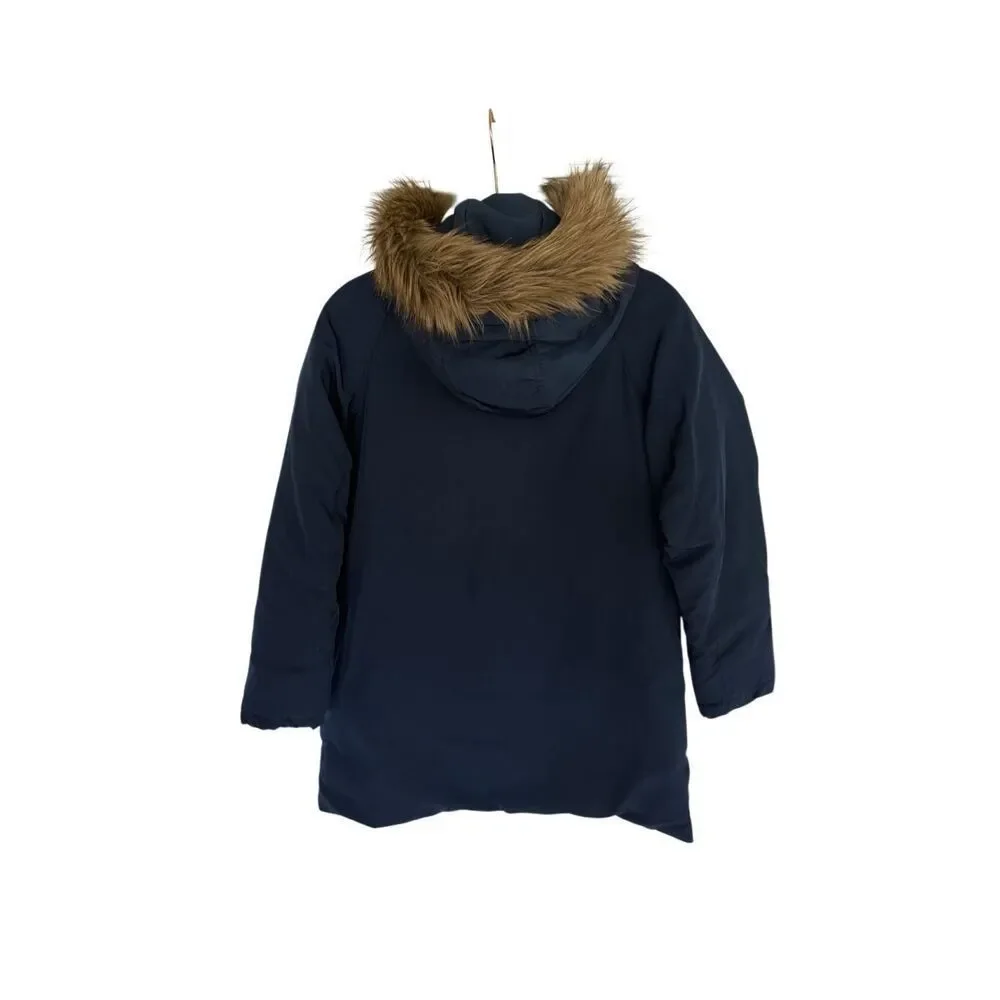 Zara Kids Navy Blue Faux Fur Trim Hooded Full Zip Down Parka Jacket Size 11/12